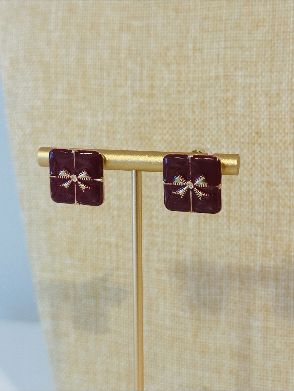 Fashion Jewelry Deep Burgundy Square Post Back Earrings with Gold Accents